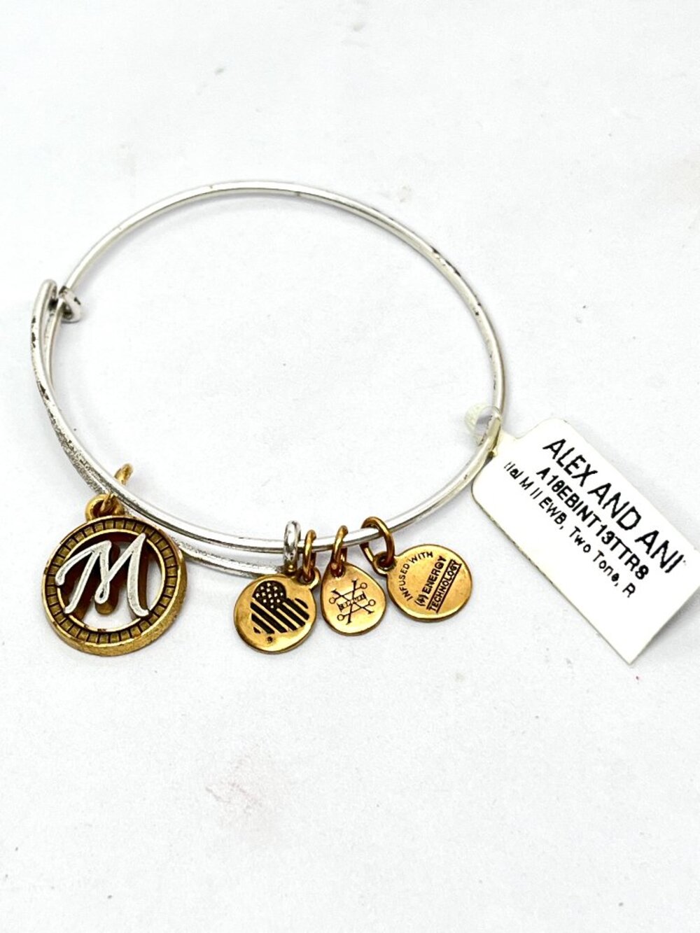 ALEX AND ANI Bracelet Initial M Two Tone American Flag Expandable Bangle NWT